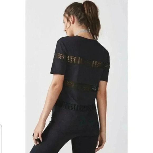 Fabletics Black Zarina Crochet Inset Stripes Crew Neck T-Shirt L - Picture 2 of 5